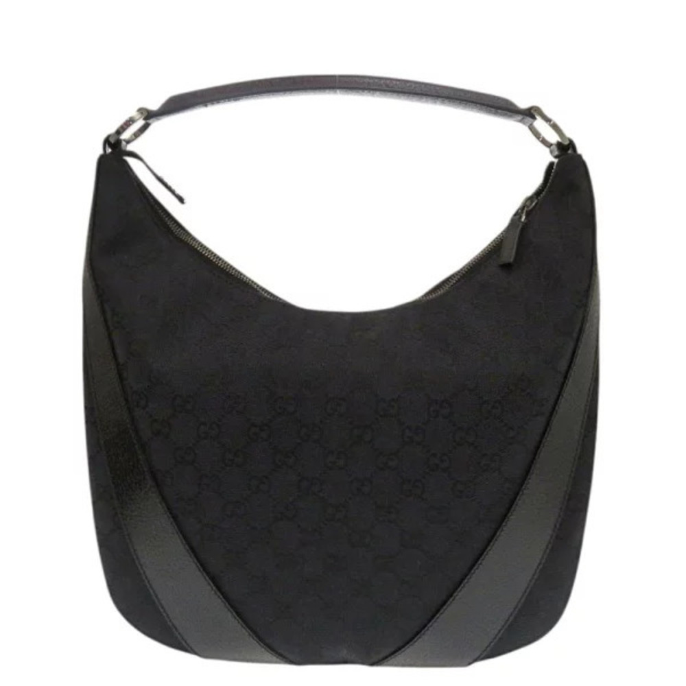 Gucci One Shoulder Hobo Bag GG Canvas Leather Black Handbag
